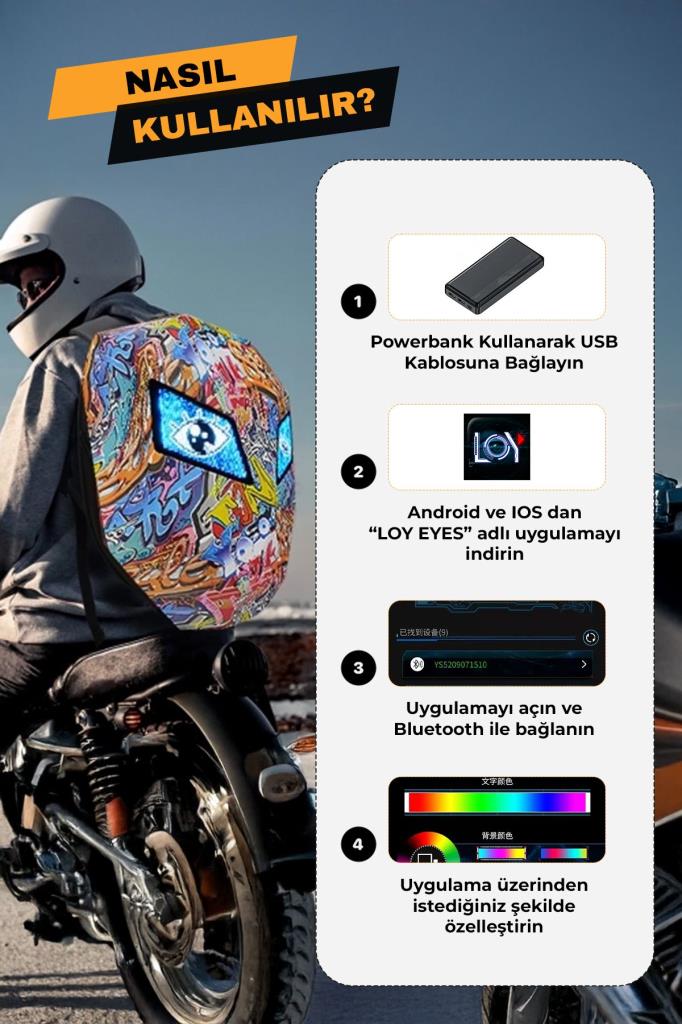 LED Gözlü Bluetooth Bağlantılı Motorcu Sırt Çantası Renkli