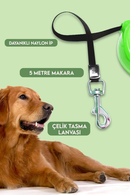 Makaralı Otomatik Köpek Tasması 5 Metre Yeşil