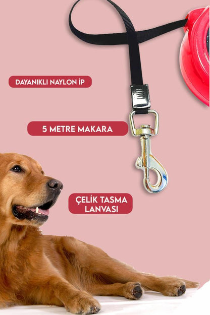 Makaralı Otomatik Köpek Tasması 5 Metre Kırmızı