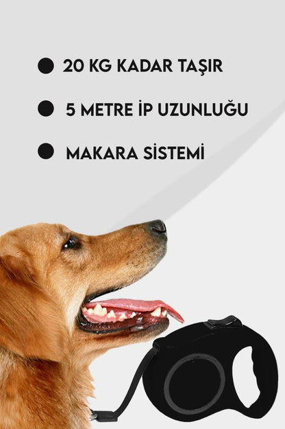 Makaralı Otomatik Köpek Tasması 5 Metre Siyah