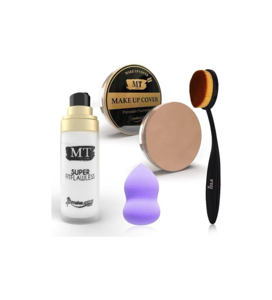 (KIRILABİLİR) 4'lü Set Makyaj Bazı Şişe Fitflawless 30 mL + MT Make Up Cover Kapatıcı Porselen Fondöten - 210 + İzla Kaşık Fırça + Armut Sünger