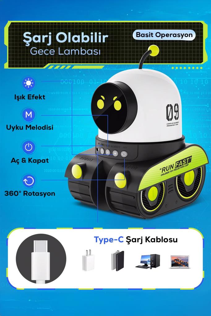 Robot Şekilli Müzikli Projektör Gece Lambası