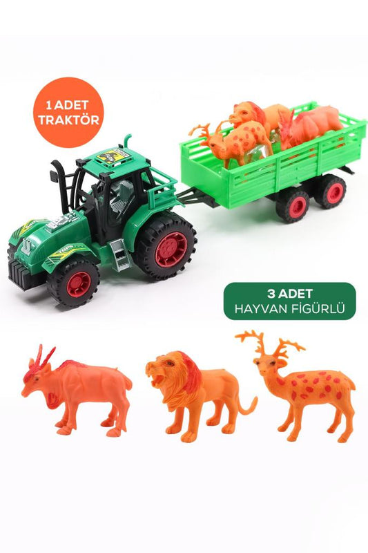 Römorklu Traktör Ve 3 Adet Hayvan Figürlü Oyuncak Seti