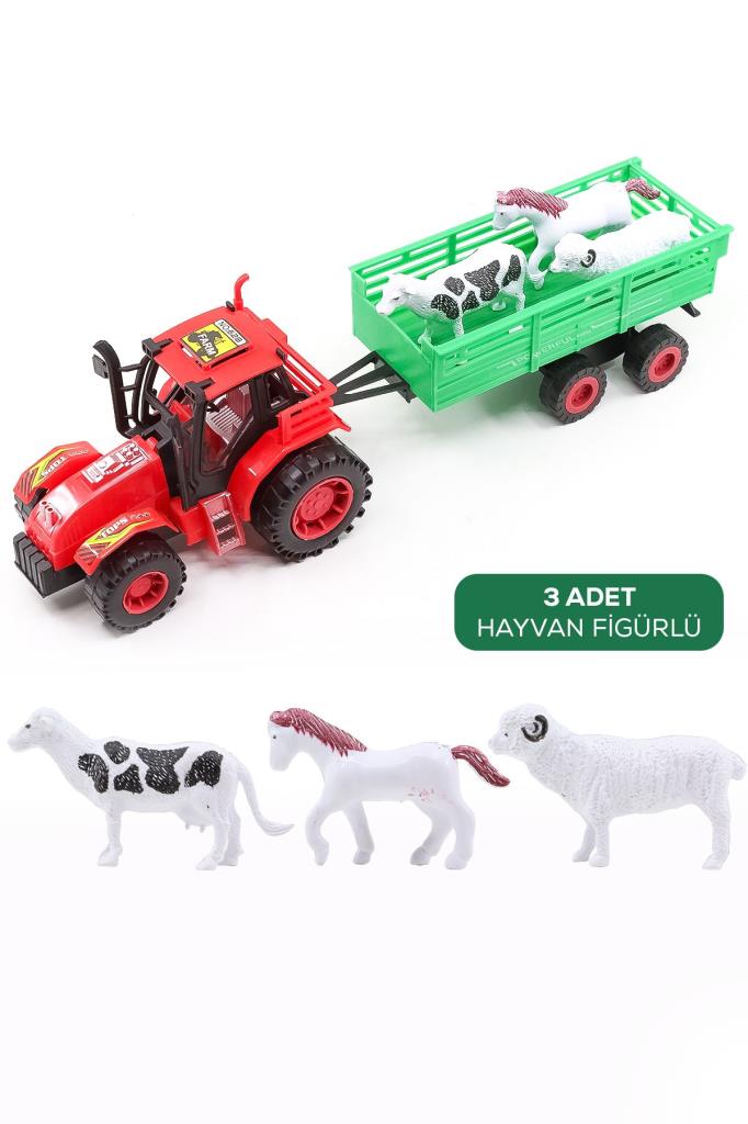 Römorklu Traktör Ve 3 Adet Hayvan Figürlü Oyuncak Seti