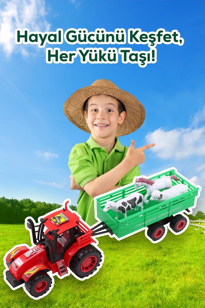 Römorklu Traktör Ve 3 Adet Hayvan Figürlü Oyuncak Seti