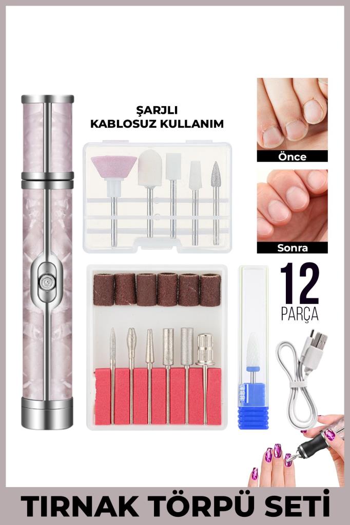 Şarjlı Taşınabilir 12 Parça Tırnak Manikür Pedikür Törpü Makinesi