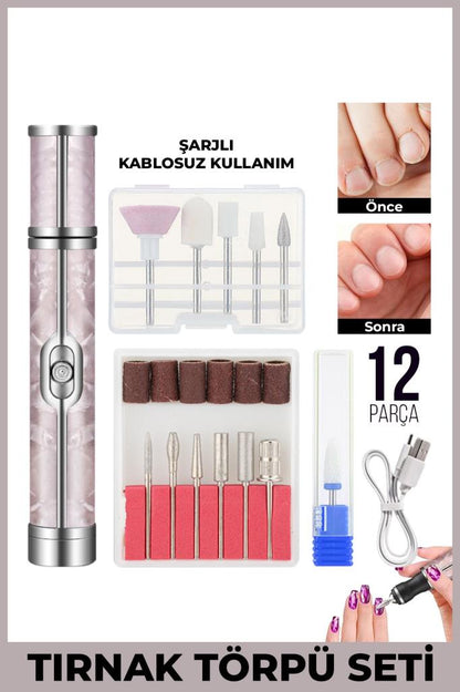 Şarjlı Taşınabilir 12 Parça Tırnak Manikür Pedikür Törpü Makinesi