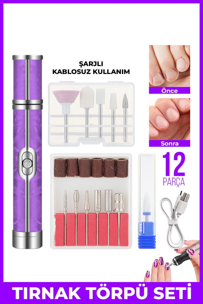 Şarjlı Taşınabilir 12 Parça Tırnak Manikür Pedikür Törpü Makinesi