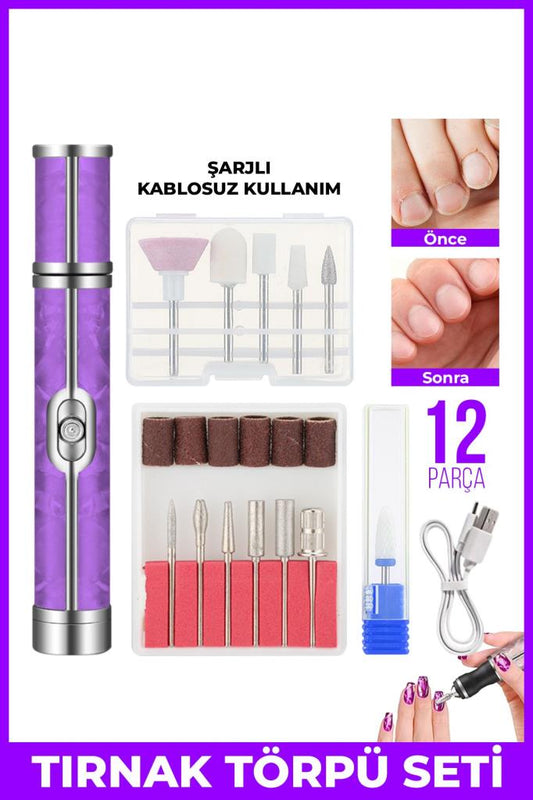 Şarjlı Taşınabilir 12 Parça Tırnak Manikür Pedikür Törpü Makinesi