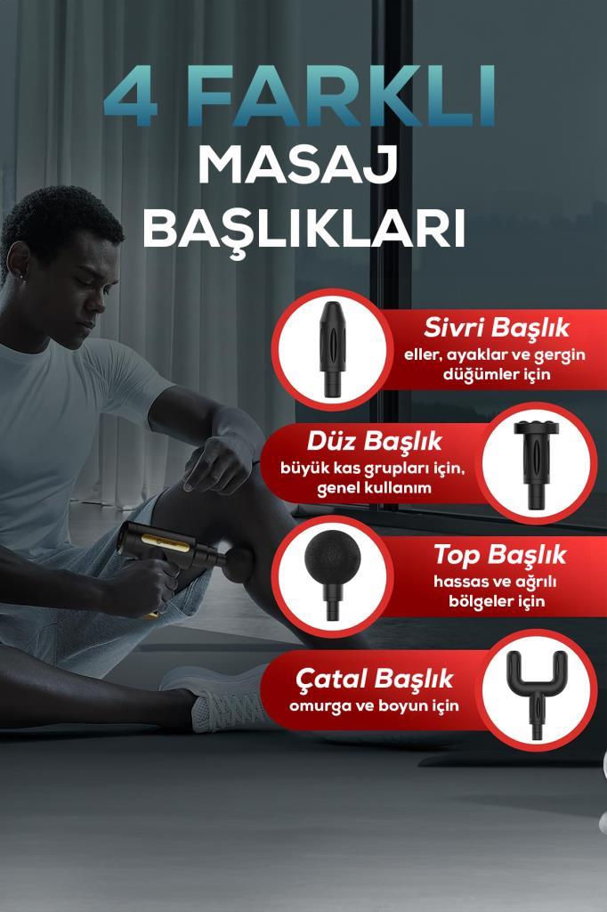 Titreşimli Masaj Tabancası 4 Başlıklı Gri