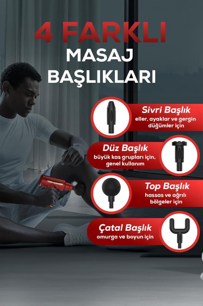 Titreşimli Masaj Tabancası 4 Başlıklı Kırmızı