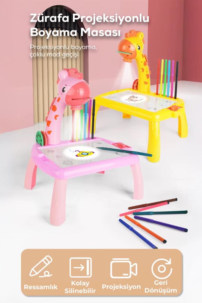Zürafa Projeksiyonlu Müzikli Boyama Masası Pembe Renk*26x18